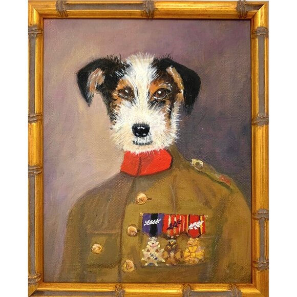 Dog Portrait Terroir in Military Uniform Painting Oil on Board in Golden Frame - Picture 4 of 5